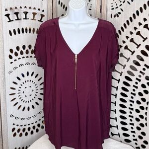 Express Burgundy V-Neck Blouse with Zipper